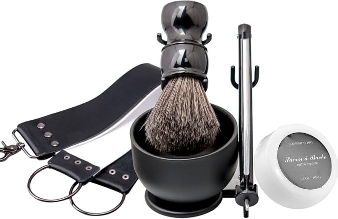 Grandslam Shaving Straight Razor Kit, Steel Cutthroat Straight Razor With Leather Strop, Shaving Brush, Stainless Steel Shaving Bowl and Stand, Shaving Soap, Gift for Men, Black…