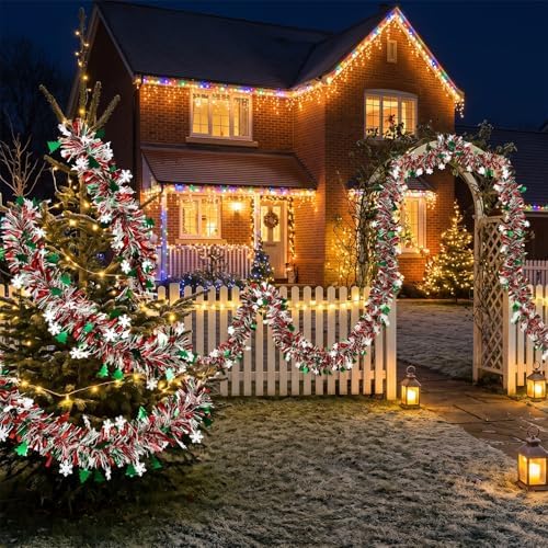 50 Feet Green Red Christmas Metallic Tinsel Twist Hanging Garland with Snowflake Xmas Tree for Home Mantle Xmas Tree Staircase Railing New Year Holiday Party Indoor Outdoor Decorations