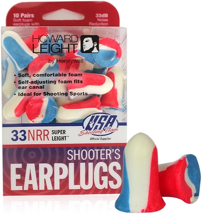 Howard Leight by Honeywell Super Leight USA Disposable Foam Shooting Earplugs, 10-Pairs (R-01891),Red/White/Blue