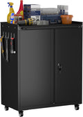 GREATMEET Garage Storage Cabinet with Wheels, Lockable Metal Storage Cabinet, Rolling Tool Cabinet with Adjustable Shelf, Push Handle for Shop, Home, Office, Black