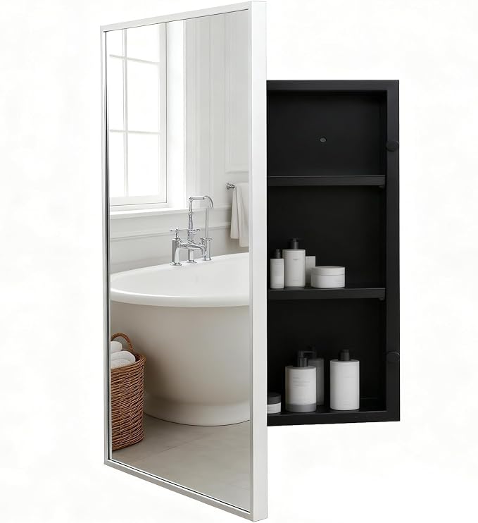 Brushed Sliver Metal Medicine Cabinet Right-Angled Rectangle-Design,Bathroom Mirror with Storage, Recessed or Surface Mounted, 2 Adjustable Metal Shelves (Brushed Sliver, 16x24)