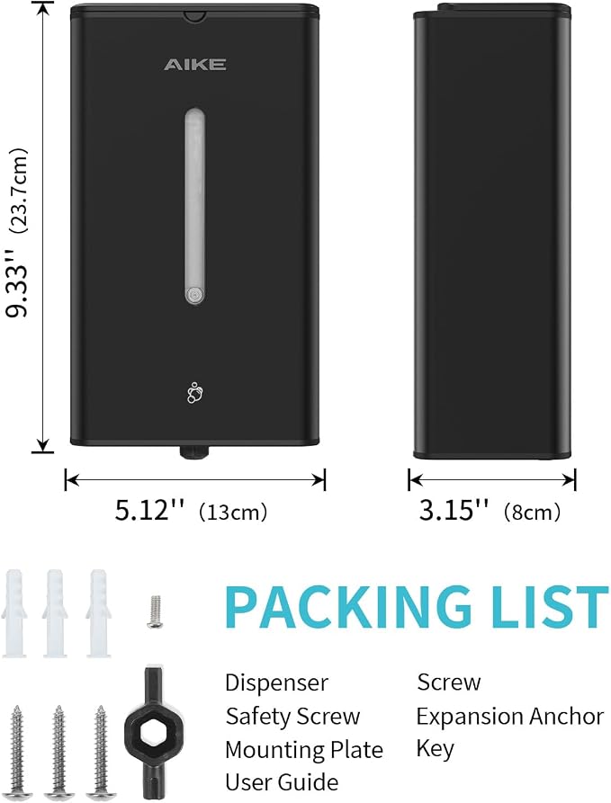 AIKE Automatic Foam Soap Dispenser 33.8oz for Bathroom,Matteblack AK1207FA | Rich Foam and Steel Finish,5-Level Adjustable and Key for Commercial(Battery Not Included),Screw Wall Mount for Space-Saving