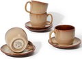 Pokini Stoneware Coffee Cups with Saucers, 6 Oz Cappuccino Cups Set of 4, Microwave & Dishwasher Safe, Perfect For Tea, Espresso, Latte, Ceramic Mugs for Kitchen or Cafe, Brown Yellow