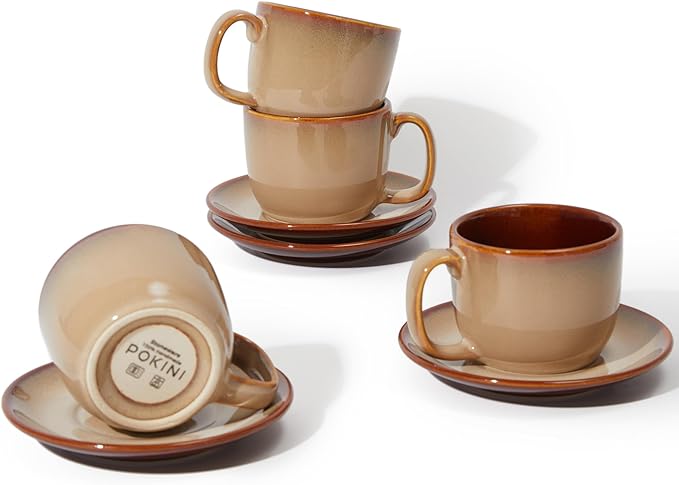 Pokini Stoneware Coffee Cups with Saucers, 6 Oz Cappuccino Cups Set of 4, Microwave & Dishwasher Safe, Perfect For Tea, Espresso, Latte, Ceramic Mugs for Kitchen or Cafe, Brown Yellow