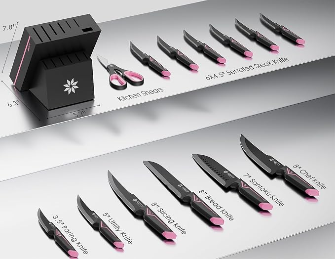 ASETY 15 PCS Knife Set with Block and Sharpener, Dishwasher Safe, Pink | Razor Sharp Kitchen Knives, Stainless Steel Knife Block Set, Ergonomic Non-Slip Handle, Elegant Box for Her Girls Women Wife