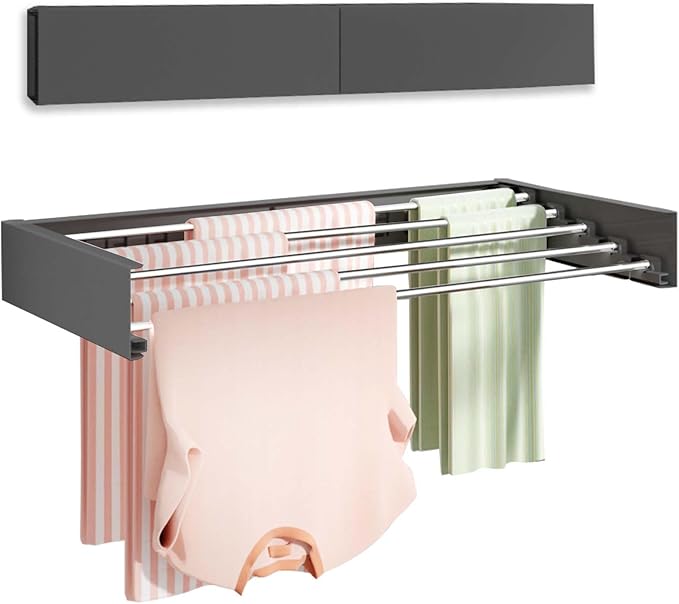 Vikaqi Wall Mounted Clothes Drying Rack 32", Foldable Wall Mount Laundry Rack Folding Indoor, Drying Rack Clothing Collapsible, Hidden Space Saver with Wall Template, 5 Rods, Black