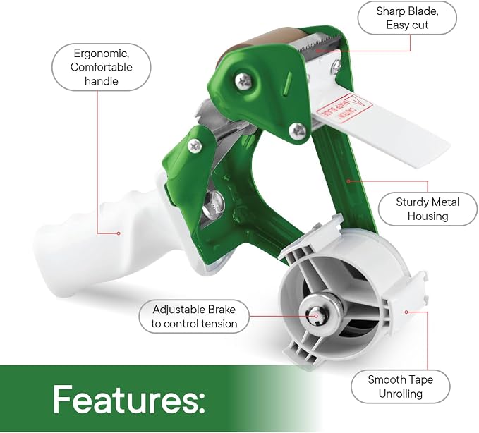 TAPEWELL Heavy Duty Metal Frame Packing Tape Dispenser Gun, 2 inch, Green | Packing Tape Refills For Dispenser, Shipping Tape For Packing, Moving, Home & Office Use