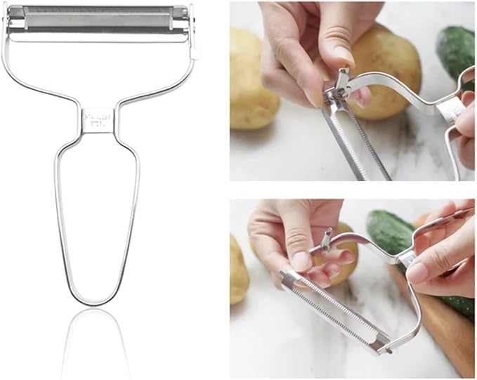 3-in-1 Stainless Steel Peeler with Interchangeable Blades – Vegetable Fruit Potato Peeler, Julienne Slicer, Grater with Serrated Blade – Swivel Self‑Adjusting Head, Dishwasher Safe Kitchen Tool(1pc)