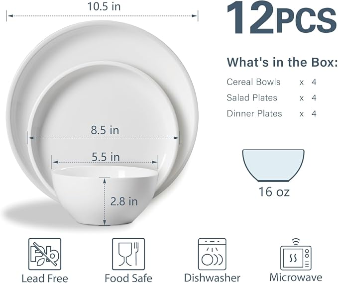 ONEMORE Plates and Bowls Set 12 Pcs,Stoneware Dinnerware Sets for 4 Microwavable,Oven & Dishwasher Safe Porcelain,Scratch Resistant Dishes Set,White
