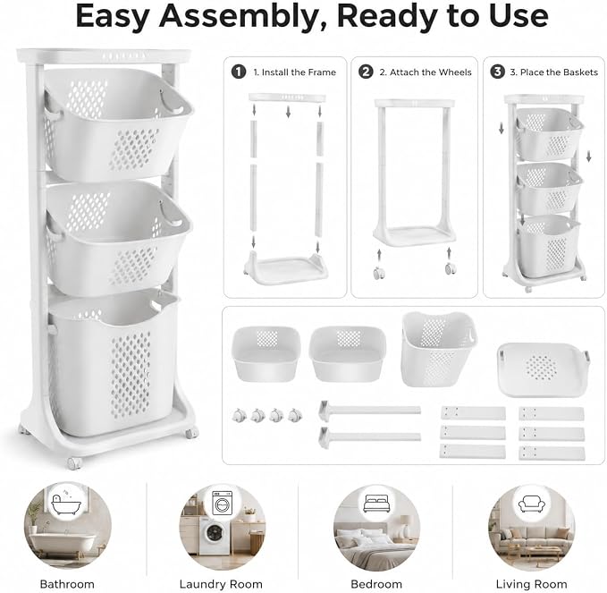 3 Tier Laundry Basket, Stackable Rolling Laundry Sorte Multi-functional Clothes Washing Storage Hamper Bin with Wheels for Bathroom, Household Kitchen (White)