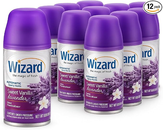 Wizard Automatic Spray Refill – Sweet Vanilla Lavender, 5 oz (12 Pack) | Compatible with Air Wick Freshmatic & Glade Dispensers | Long Lasting Odor Neutralizer for Home & Office