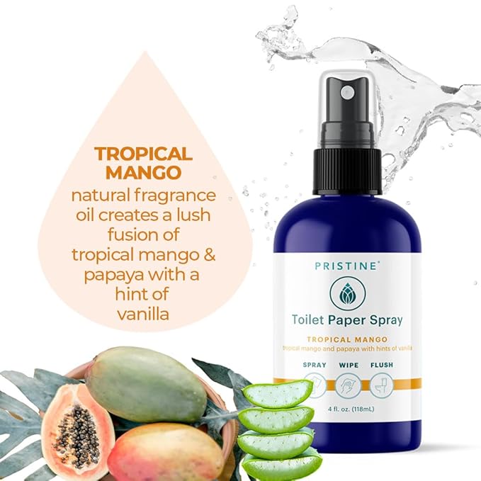 PRISTINE Toilet Paper Spray, As Seen on Shark Tank, Flushable Wipe Alternative, Personal Cleansing Bathroom Spray for Regular Toilet Tissue, Bidet Alternative, Made in USA, Tropical Mango, 1oz Travel