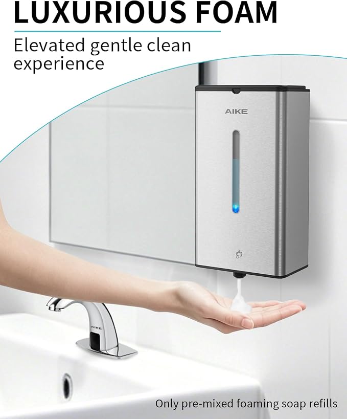 AIKE Automatic Foaming Soap Dispenser 33.8oz for Bathroom,Brushed AK1207FA | Rich Foam and Steel Finish,5-Level Adjustable and Key for Commercial(Battery Not Included),Screw Wall Mount for Space-Saving
