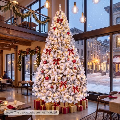 Happygrill 9FT Christmas Tree, Premium PVC Needles, 1498 Branch Tips, Pre-Lit Flocked Snow Hinged Pine Tree with Solid Metal Stand, 550 LED Lights, Ideal for Holiday Decoration, White