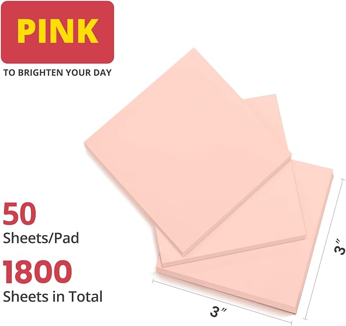 Sticky Notes, 36 Pads, 3x3 Inches Self-Stick Note Pads, Perfect for Office, Study, and Daily Life Organization - Pink