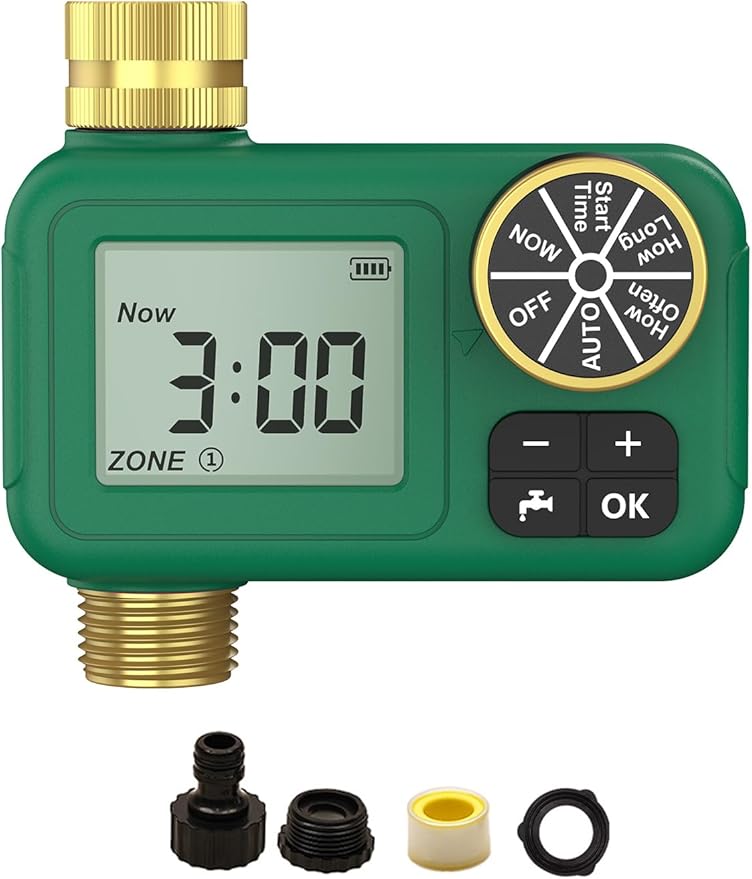 MOES 1 Zone Water Timer for Garden Hose, 3/4 in Brass Inlet and Outlet, Battery Operated Sprinkler Timer, Programmable Faucet Valve, Rain Delay, Manual Watering, Non-WiFi