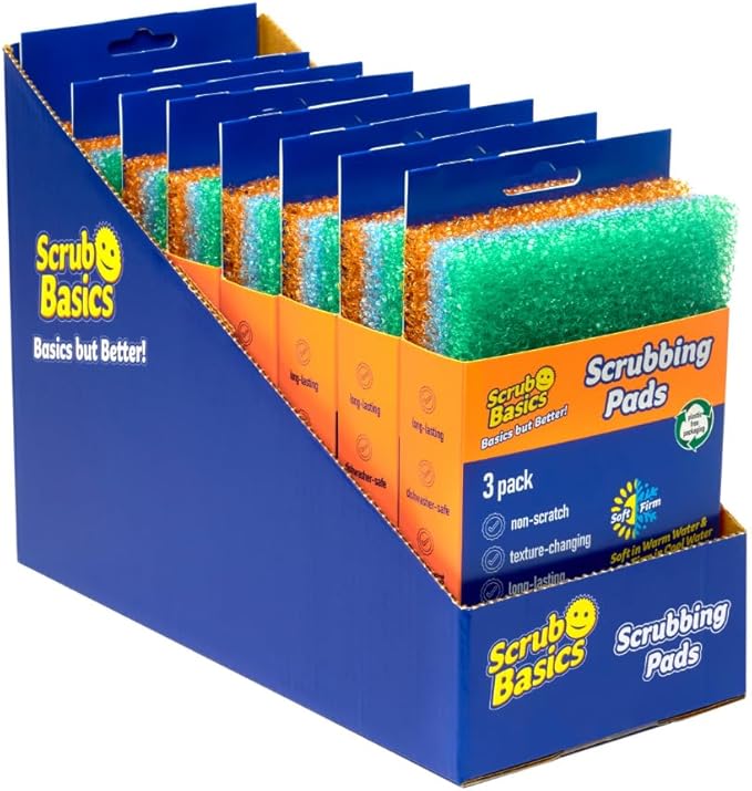 Scrub Basics Scrubbing Pads - Non-Scratch Scouring Pads with Texture Changing Technology, Dish Scrubber Scourers Sponge for Washing Up, Cleaning & Kitchen - 8 Packs of 3 (24 Pads)