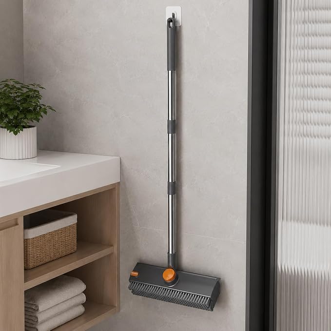 Floor Scrub Brush with Long Handle, V-Shaped Grout Brush and Squeegee for Tile, Bathroom, Shower, Gray (Floor Brush)