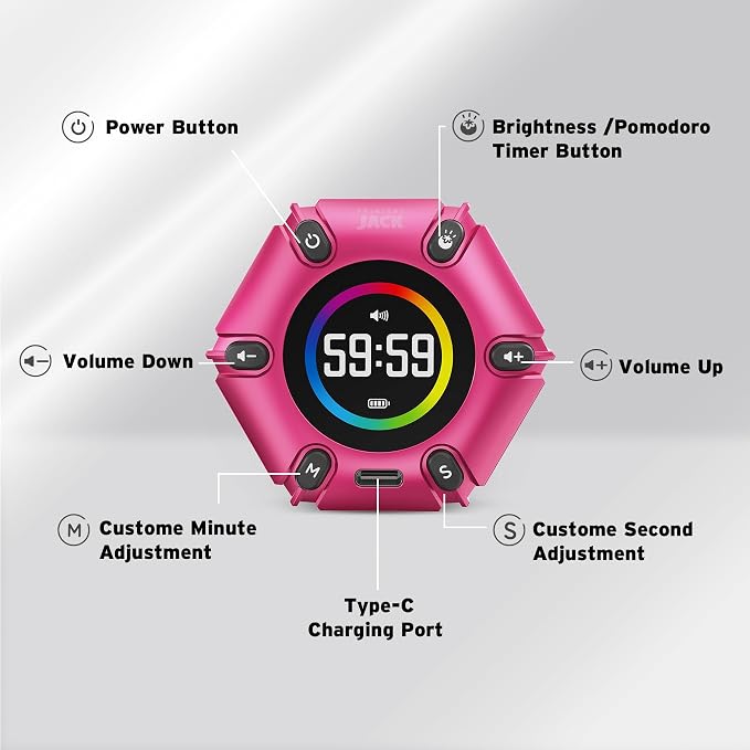 Printers Jack Visual Pomodoro Timer, Productivity Cube Timer, Mute & Vibration & Adjustable Sound Alert, for Office, ADHD, Study, Work, 3/5/10/25/30/60min & Custom Countdown - Hot Pink