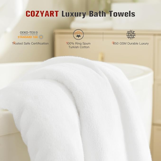 COZYART Luxury Bath Towel Set 6 Pcs White 100% Turkish Cotton 650 GSM | OEKO-Tex 100 Certified Zero Twist Ring Spun, Soft Absorbent Quick Dry, Plush Fluffy, Breathable Hotel Quality for Daily Use