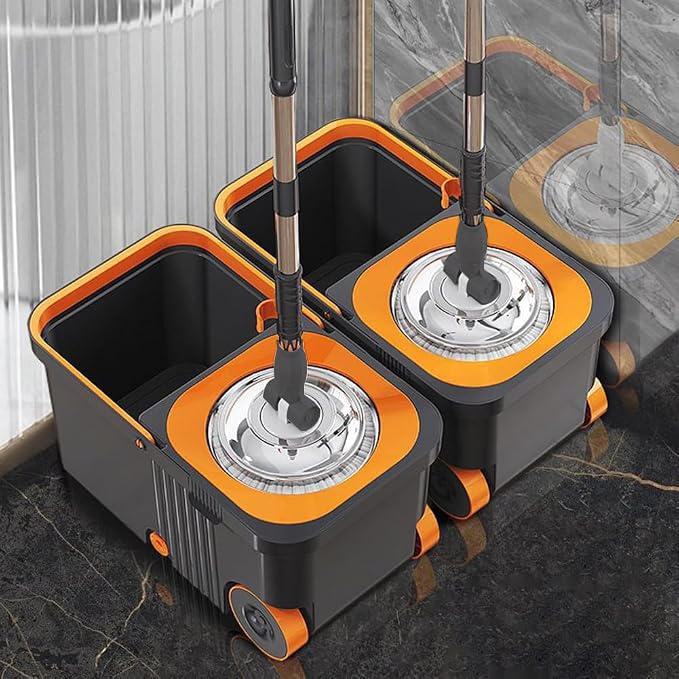 Household Cleaning Automatic with 6 Replacement Head Refills Extended Handle Hand-Free Automatic Dehydration Mop Cleaning with Bucket for Household Floor Cleaning (Grey Orange)