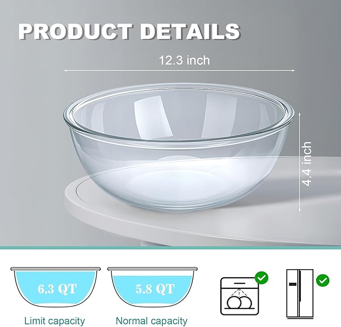6.3 Qt Large Glass Mixing Bowl,12.3" Clear Glass Salad Cooking Bowls For making sourdough Prepping, Mixing, Marinating & Brining Kimchi