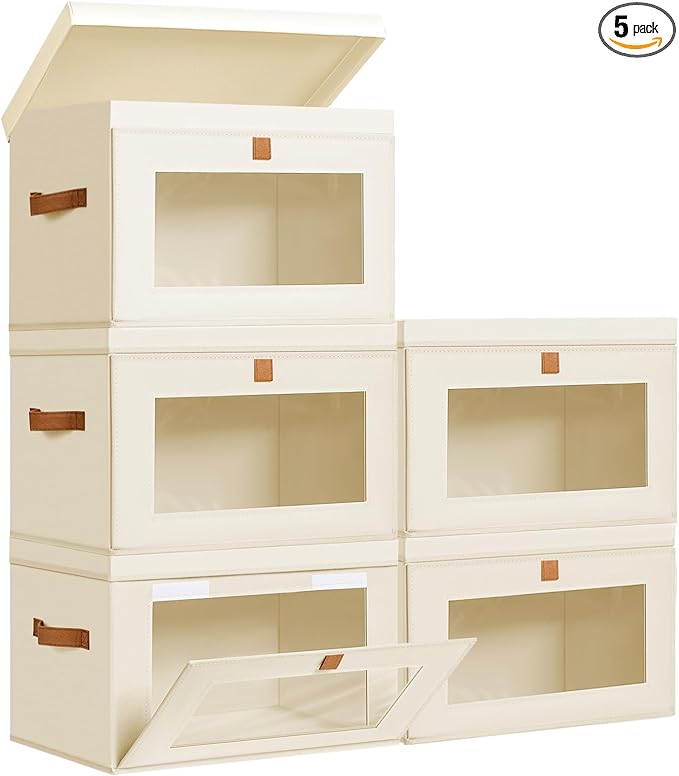 DIMJ Storage Bins with Lids - 5 Pack Fabric Closet Organizer with Window & Handles, Collapsible Decorative Storage Boxes for Shelves Under Bed, Books Clothes Blankets Sweaters Organization