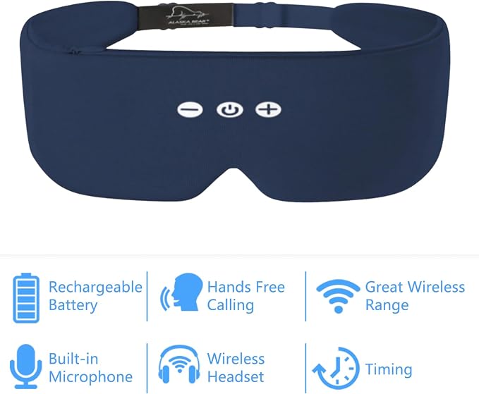 ALASKA BEAR Bluetooth Eye Mask and Sleep Headphone w/Thin Speakers, Comfortable Flat Earphones for Sound Therapy (Navy)