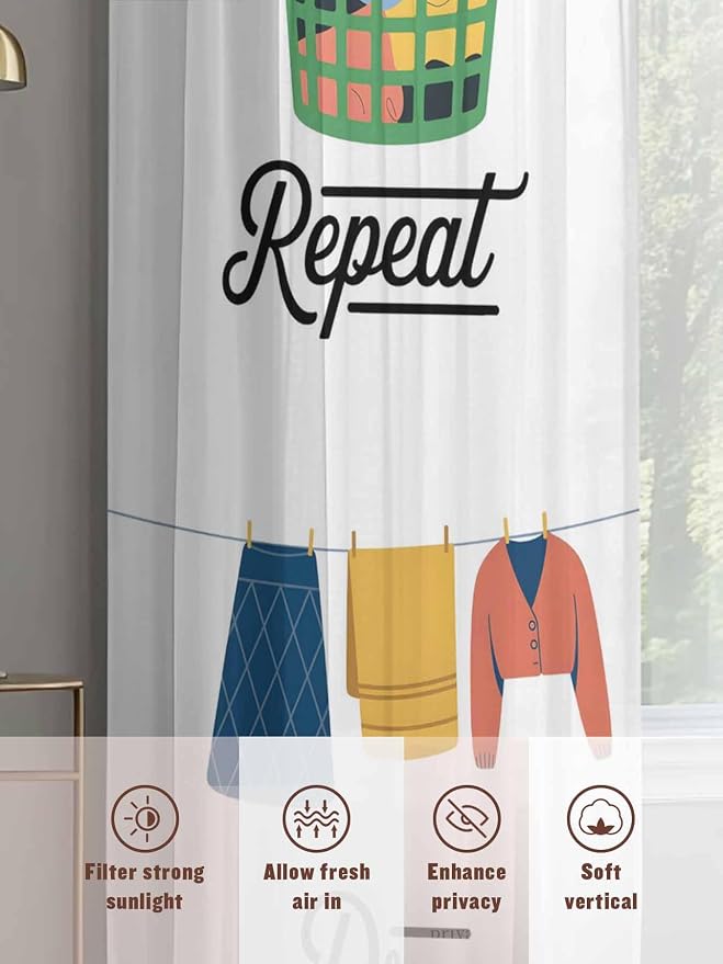 Laundry Room Sheer Curtains 72 Inch Length 2 Panels for Living Room, Wash Repeat Dry Fold Simple Drawn Voile Kitchen Curtain Set, Luxury Privacy Drapes Window Treatment for Bedroom