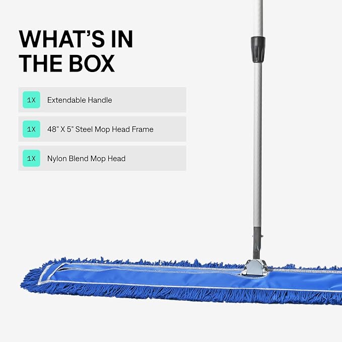 48 Inch Blue Commercial Dust Mop & Floor Sweeper with Extendable Handle – Mop for Hardwood, Tile, and Concrete Floor Cleaning