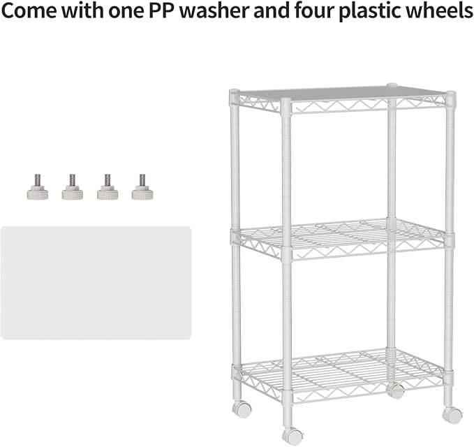 Golpart Small 3 Tier Shelves Storage Wire Shelving Unit Metal Shelf Adjustable Organizers Storage Shelving with Wheels for Bathroom Laundry Room Kitchen Pantry11.7”D x 17.7”W x 30.7”H White