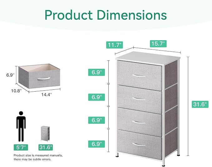 AODK Small Dresser for Bedroom with 4 Storage Drawers, Light Grey | Dressers Chest of Drawers Fabric Dresser with Sturdy Steel Frame, Dressers for Closet with Wood Top