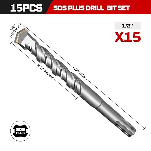 GEINXURN 15 PCS 1/2" x 6" Double Thread Rotary Hammer Drill Bits, Masonry Drill Bits Tool Set Carbide Tipped, Drilling in Brick, Stone and Concrete, Cement Walls