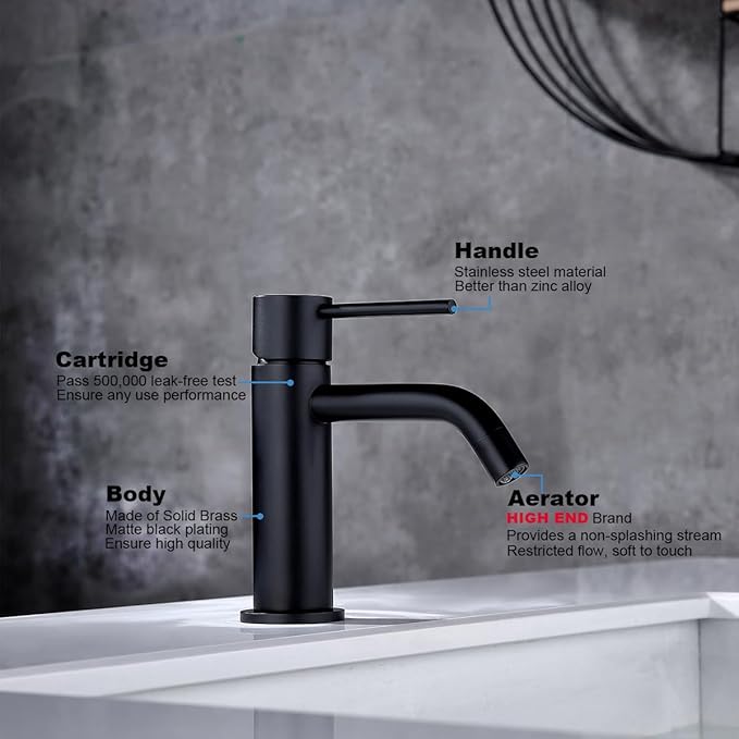 Single Hole Matte Black Bathroom Faucet with Pop Up Drain Assembly and Faucet Supply Hose, JXMMP Single Handle Lavatory Faucets for Sink, Black Sink Faucet Bathroom