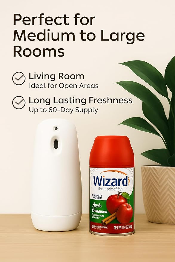 Wizard Automatic Spray Refill – Apple Cinnamon, 5 oz (12 Pack) | Compatible with Air Wick Freshmatic & Glade Dispensers | Long Lasting Odor Neutralizer for Home & Office