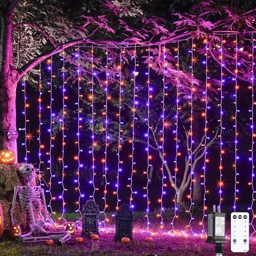 JMEXSUSS 300LED Halloween Curtain Lights, Orange and Purple, 9.8x9.8ft