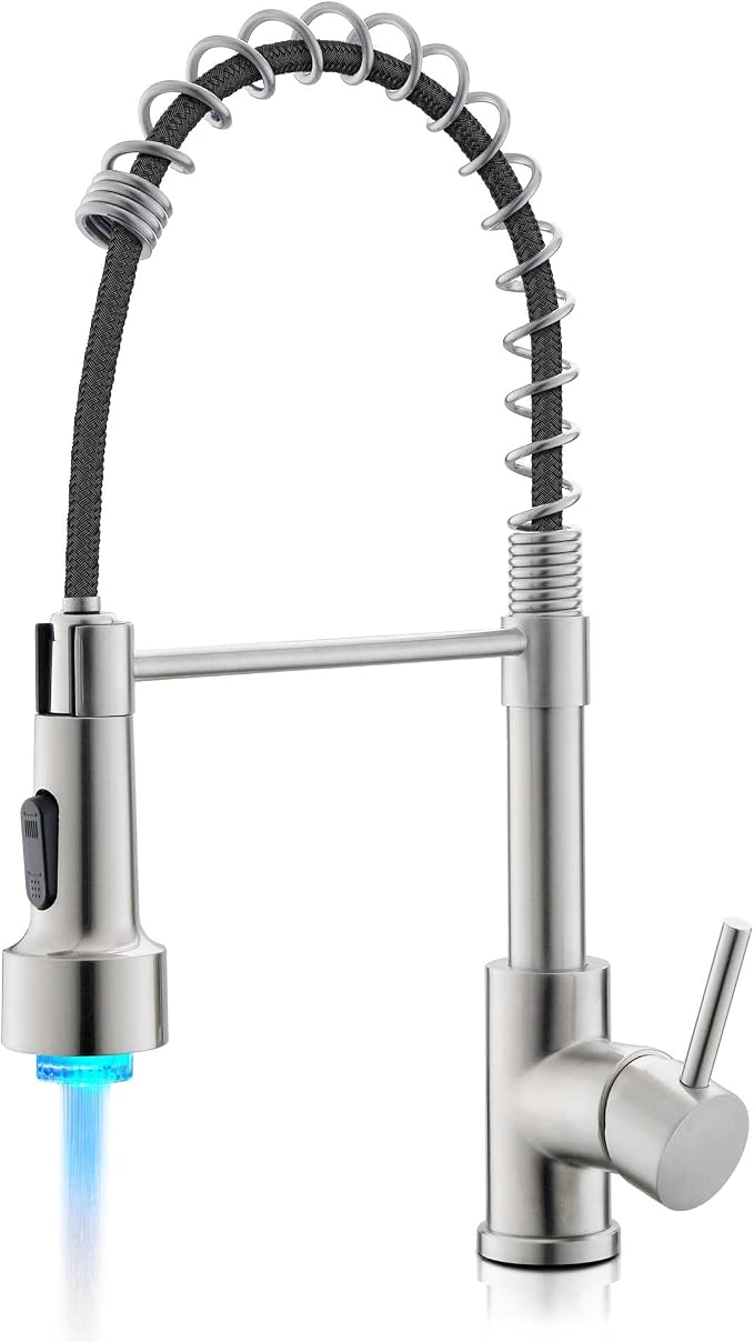 LUFEIDRA Kitchen Faucet with Sprayer LED Light, High Arc Spring 304 Stainless Steel Single Handle LED Faucets, Kitchen Sink Faucet for Bar Sink Rv, Brushed Nickel, Pot Filler Faucets
