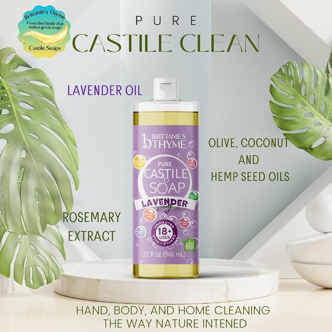 Brittanie’s Pure Castile Liquid Soap Refill, Lavender, 32 Ounce 2 Pack | Dish Soap, Hair & Body, Laundry, Home, Gentle and Pure, Made with Natural Luxurious Oils, Vegan & Gluten Free Non-GMO