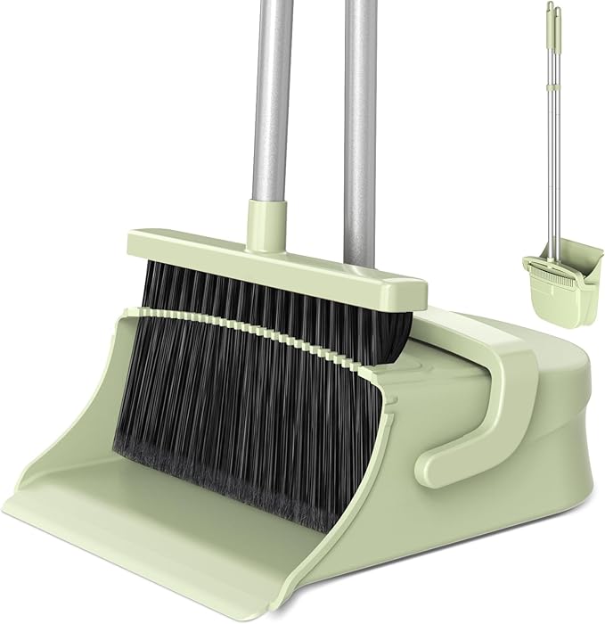 Broom with Dustpan Combo Set, Long Handle Upright Standing Self-Cleaning Broom and Dustpan Set for Pet Hair & Dust Cleanup, Indoor Outdoor Use for Home, Kitchen, Office, Green
