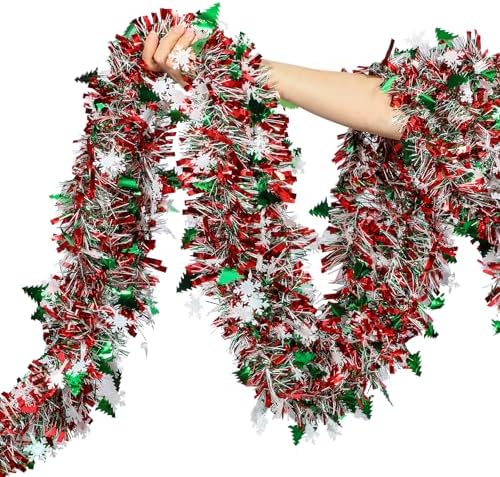 50 Feet Green Red Christmas Metallic Tinsel Twist Hanging Garland with Snowflake Xmas Tree for Home Mantle Xmas Tree Staircase Railing New Year Holiday Party Indoor Outdoor Decorations