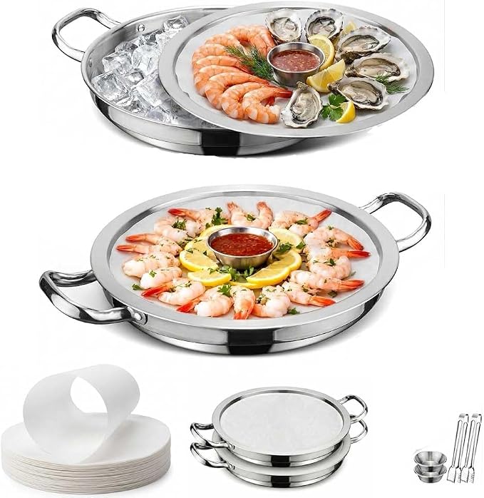 Shrimp Cocktail Serving Dish with Ice Tray, 2-Set 12 Inch Platter | 304 stainless steel sauce cups, tray liner paper & tongs, ideal for parties, family gatherings, oysters & cold appetizers.
