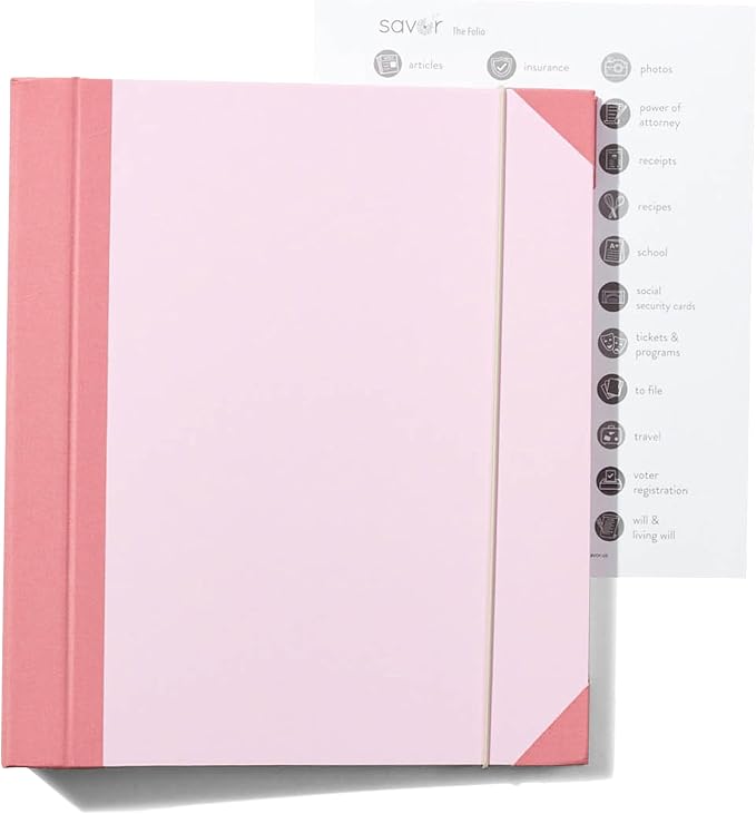 The Folio® Important Document Organizer by Savor | Binder with Guided Labels, Acid-Free File Folder Organizer with 10 Pockets, Document Holder for Home Records, Legal and Medical Papers (Pink)
