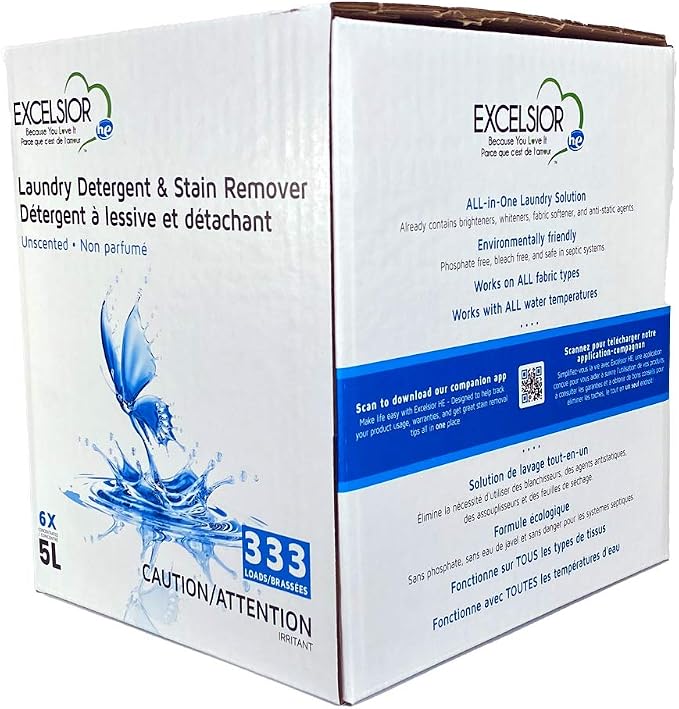 Excelsior HE Laundry Detergent Liquid Fragrance Free Concentrated 333 Loads 5 Liter With Natural Stain Remover, High Efficiency Washing Detergent Laundry Soap Bulk Works In All Washers Unscented