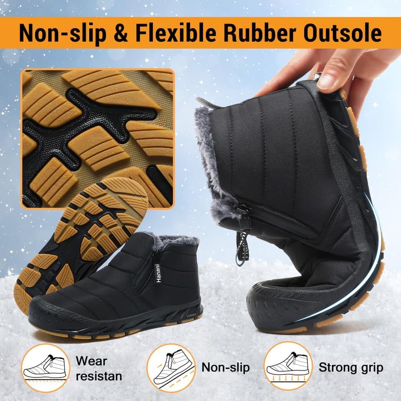 Hanani Mens Snow Boots Waterproof Winter Boots for Men Fur Lined Warm Ankle Boots Zipper Closure Slip on Outdoor Boot Comfortable Walking Shoes
