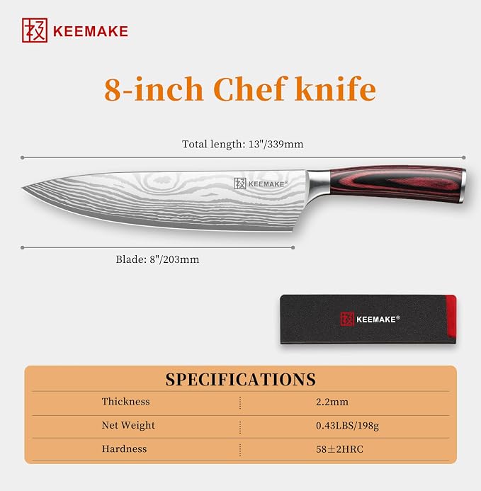 8" Chef Knife, Ultra Sharp Kitchen Knife with Ergonomic Handle | Japanese High Carbon Stainless Steel, 12° Bevel Angle, Professional Cooking Gadgets with Gift Box for Men and Women