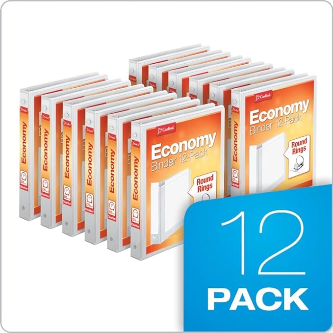 Cardinal 1 Inch 3 Ring Binders, White, 12 Pack, Round Ring Binder, Holds 225 Sheets, PVC Free, Customizable Covers, 2 Pocket View Binders for Office and School Organization