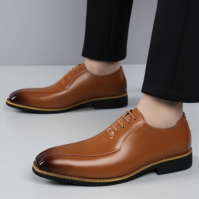 Santimon Men's Leather Dress Shoes - Oxford Lace Up Formal Business Shoes for Men - Polished Leather Dress Shoes with Low Heel