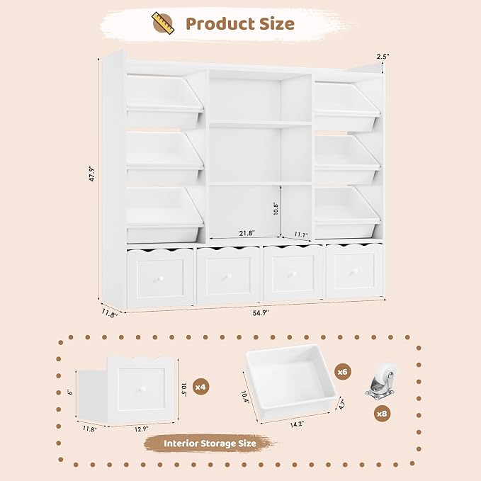 HITHOS 55" W Kids Toy Storage Organizer with 10 Toy Box & Book Shelf, White | Large Toy Organizers and Storage with Kids Bookshelf & 6 Plastic Toy Chests & 4 Movable Drawers for Kids Room, Playroom
