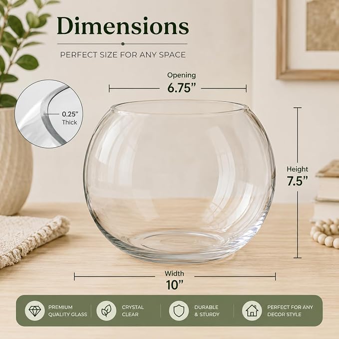Glass Bubble Vase, 8" Height x 10" Width Glass Fish Bowl, Bubble Bowl for Terrarium, Flower Centerpiece