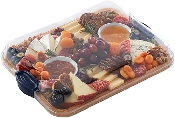 Farberware Bamboo Cutting Board with Clear Locking Lid, 11x14 Inches - Charcuterie Board with Recessed Handles, Raised Edges, Reversible Surface - Make It, Take It, Enjoy It